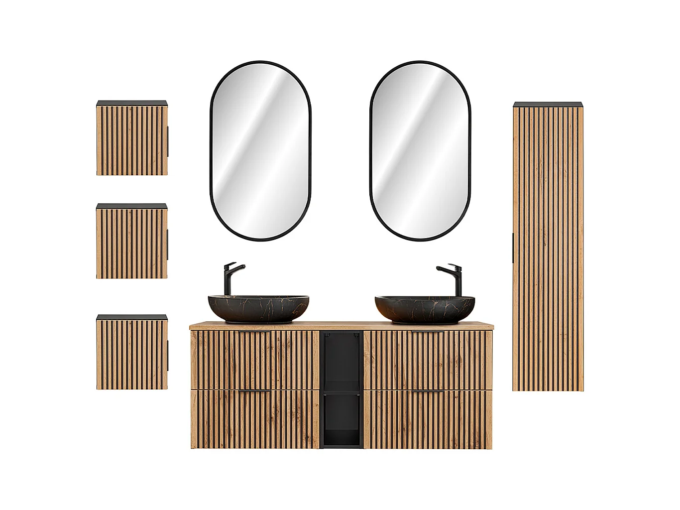 Ensemble meuble double vasque 140cm 2 niches miroirs LED colonne et 3 armoires murales Gaia Bois et Noir - Vasque Noir