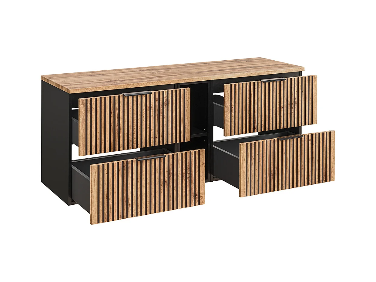 Ensemble meuble double vasque 140cm 2 niches miroirs LED colonne et 3 armoires murales Gaia Bois et Noir - Vasque Noir