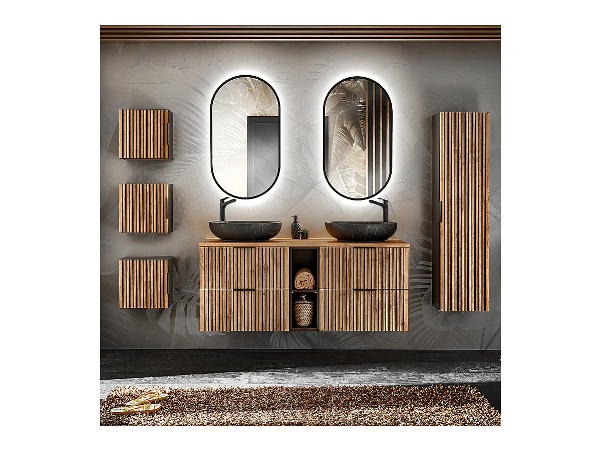 Dubbele wastafel 140cm 2 nissen LED spiegels kolom en 3 hangkasten Gaia Wood en Zwart - Zwarte wastafel