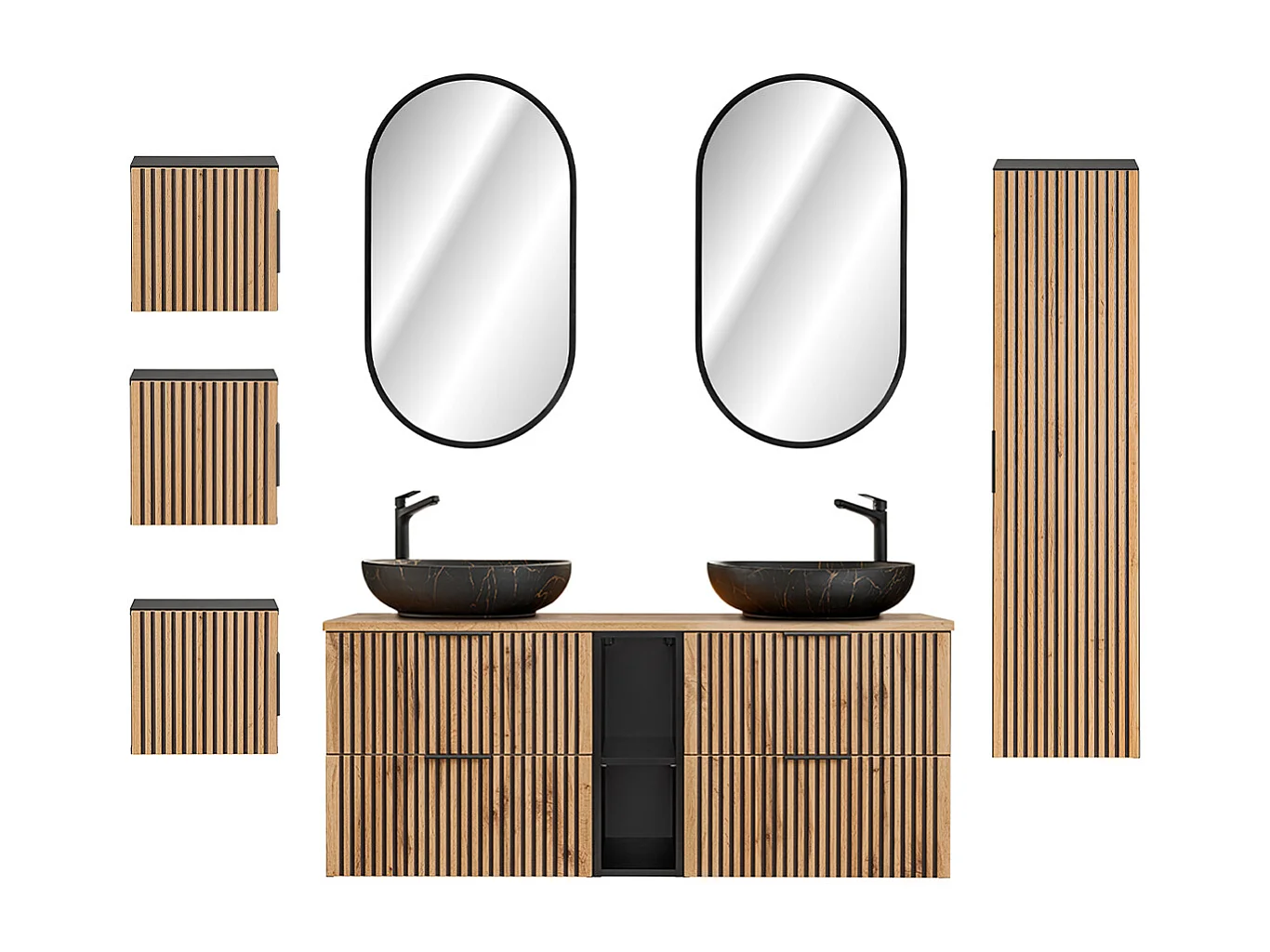 Ensemble meuble double vasque 140cm 2 niches miroirs LED colonne et 3 armoires murales Gaia Bois et Noir - Vasque Noir