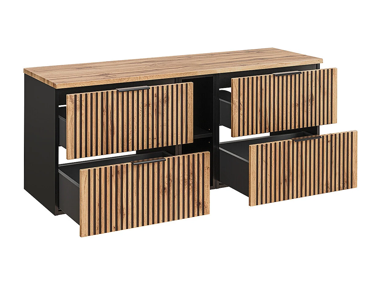 Ensemble meuble double vasque 140cm 2 niches miroirs LED colonne et 3 armoires murales Gaia Bois et Noir - Vasque Noir