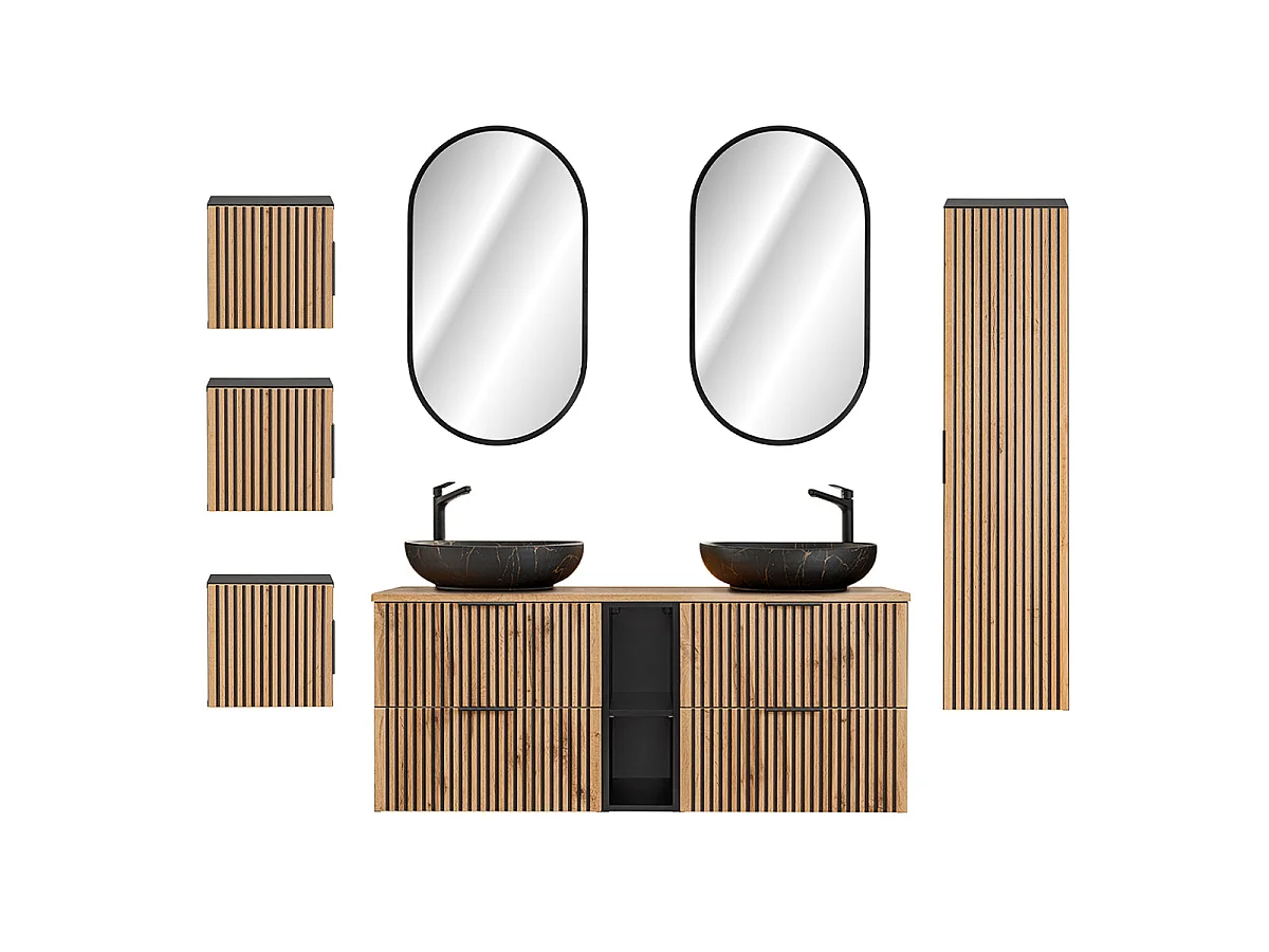 Ensemble meuble double vasque 140cm 2 niches miroirs LED colonne et 3 armoires murales Gaia Bois et Noir - Vasque Noir