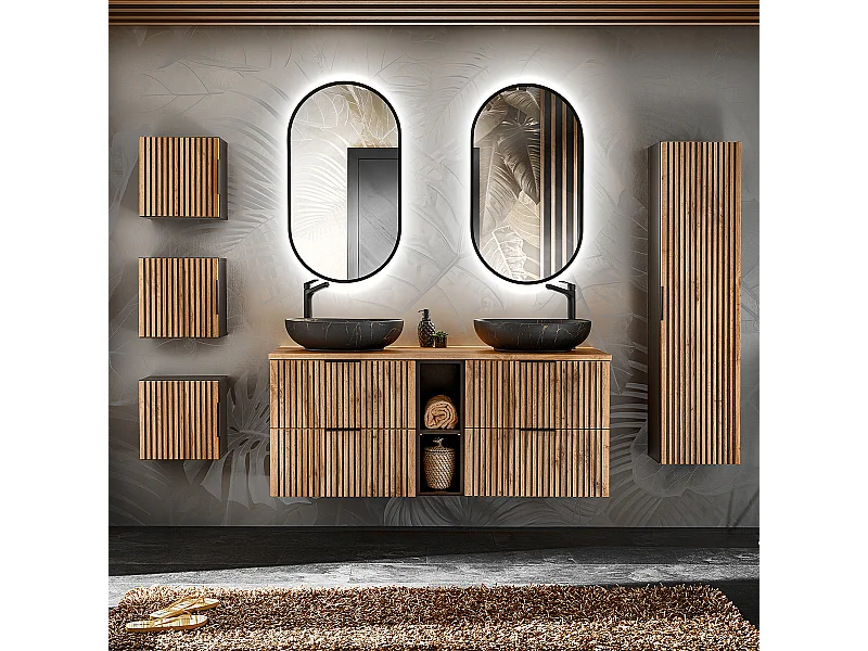 Ensemble meuble double vasque 140cm 2 niches miroirs LED colonne et 3 armoires murales Gaia Bois et Noir - Vasque Noir