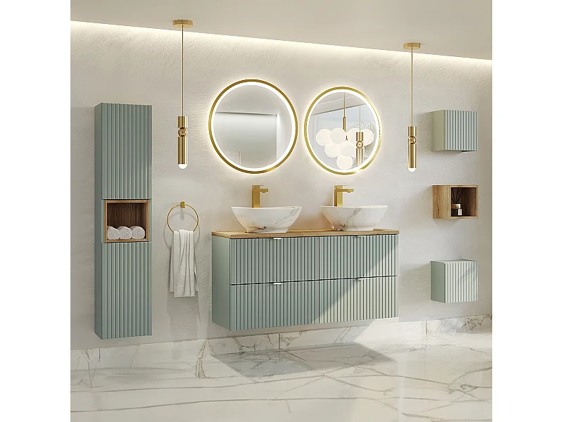 Conjunto de lavatório duplo de 120 cm com 4 gavetas, espelhos LED e 3 armários de parede Verde Jade e Madeira