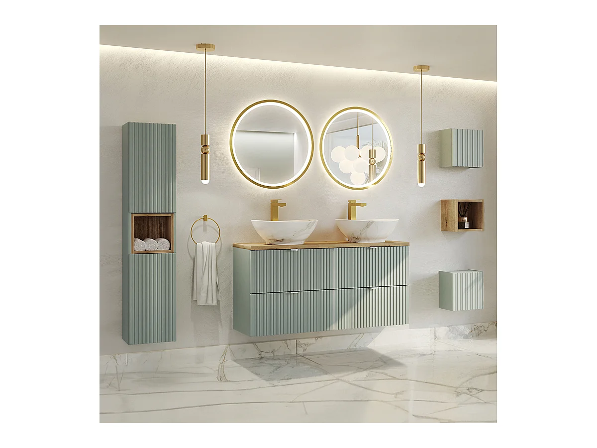 Ensemble meuble double vasque 120cm 4 tiroirs miroirs LED colonne et 3 armoires murales Jade Vert et Bois