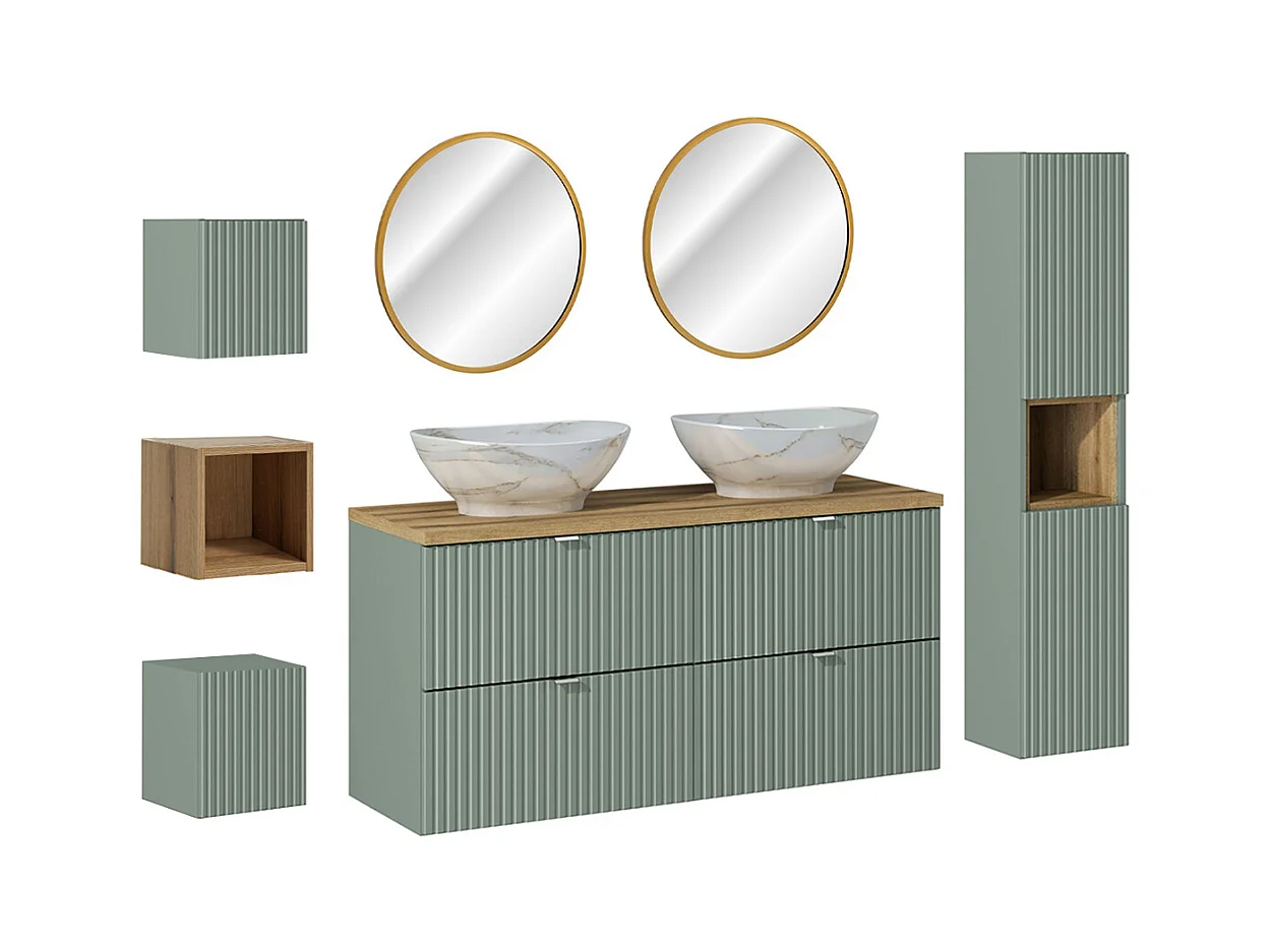 Ensemble meuble double vasque 120cm 4 tiroirs miroirs LED colonne et 3 armoires murales Jade Vert et Bois