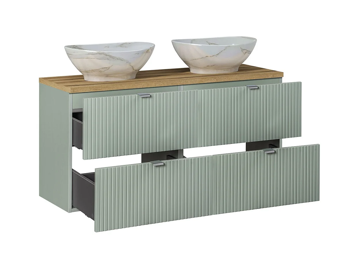 Ensemble meuble double vasque 120cm 4 tiroirs miroirs LED colonne et 3 armoires murales Jade Vert et Bois