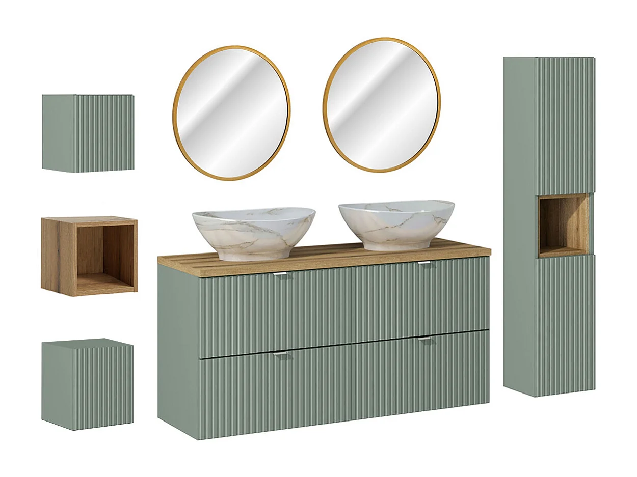 Ensemble meuble double vasque 120cm 4 tiroirs miroirs LED colonne et 3 armoires murales Jade Vert et Bois