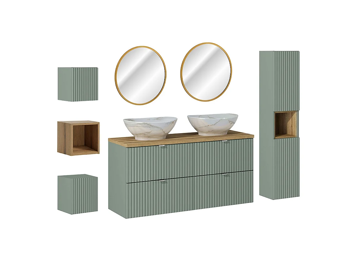 Ensemble meuble double vasque 120cm 4 tiroirs miroirs LED colonne et 3 armoires murales Jade Vert et Bois