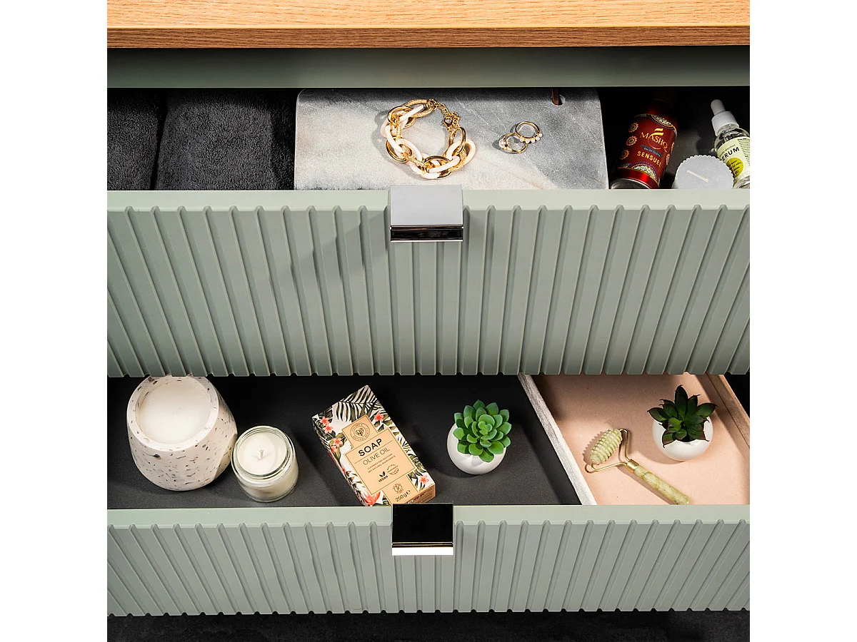 Ensemble meuble double vasque 120cm 4 tiroirs miroirs LED colonne et 3 armoires murales Jade Vert et Bois