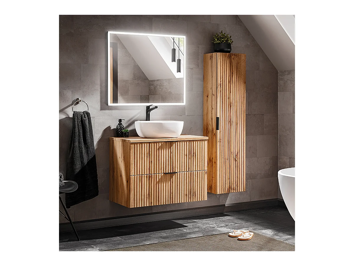Ensemble meuble simple vasque 80cm miroir LED et colonne Adriel Bois