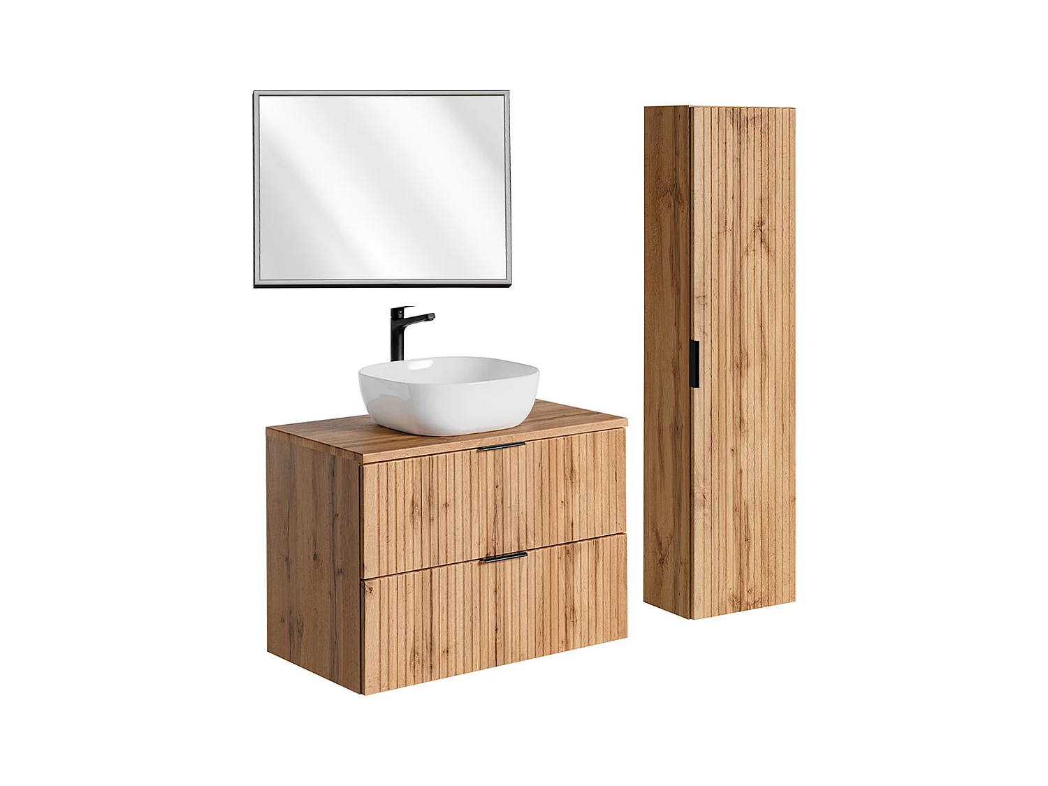 Ensemble meuble simple vasque 80cm miroir LED et colonne Adriel Bois