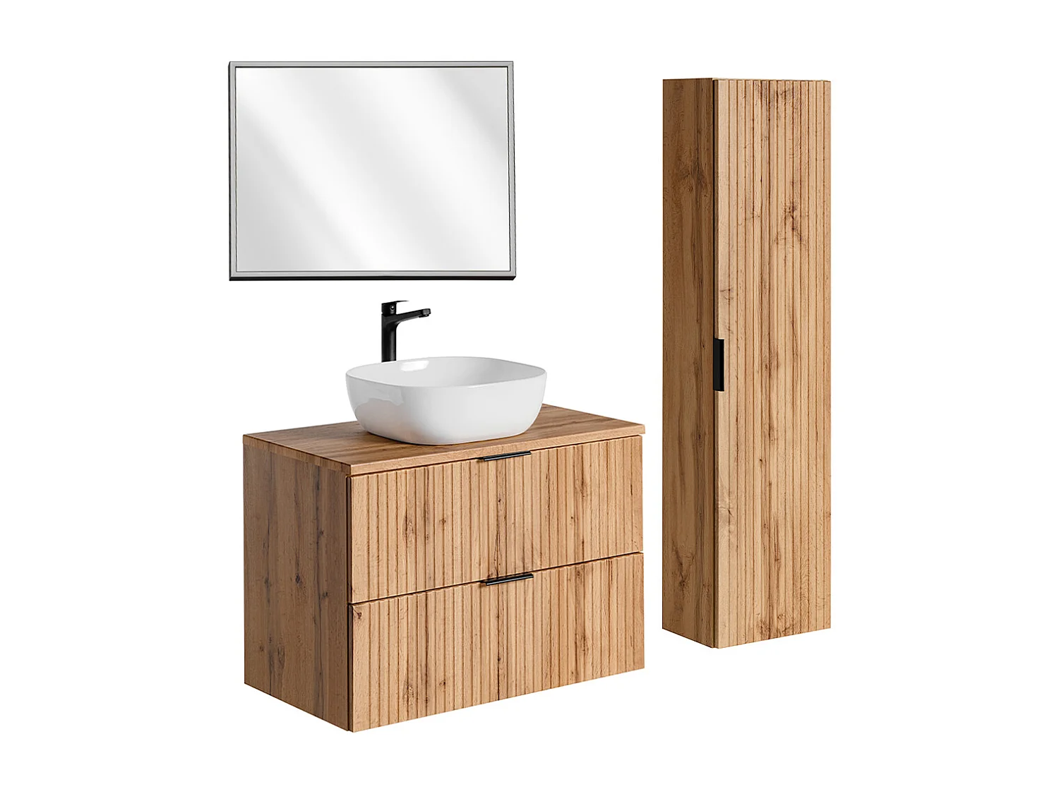 Mobile lavabo singolo da 80 cm con specchio LED e mobiletto in legno Adriel