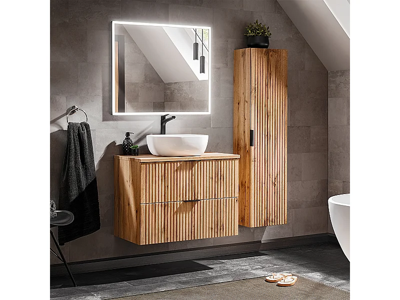 Conjunto de muebles con lavabo individual 80cm espejo LED y columna Adriel Madera