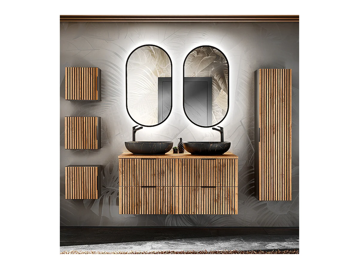 Ensemble meuble double vasque 120cm miroirs LED colonne et 3 armoires murales Gaia Bois et Noir - Vasque Noir