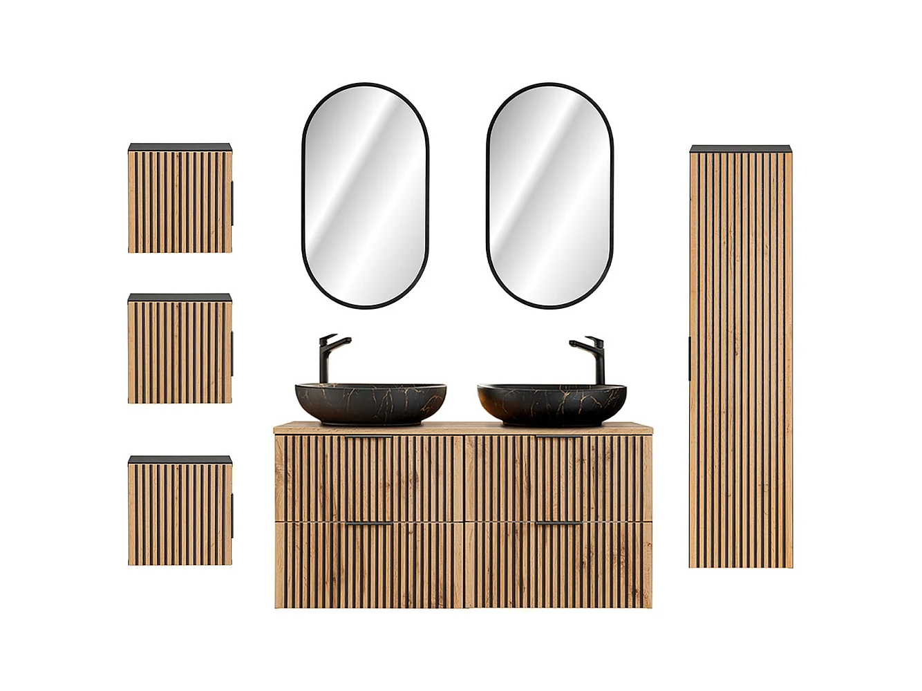 Ensemble meuble double vasque 120cm miroirs LED colonne et 3 armoires murales Gaia Bois et Noir - Vasque Noir