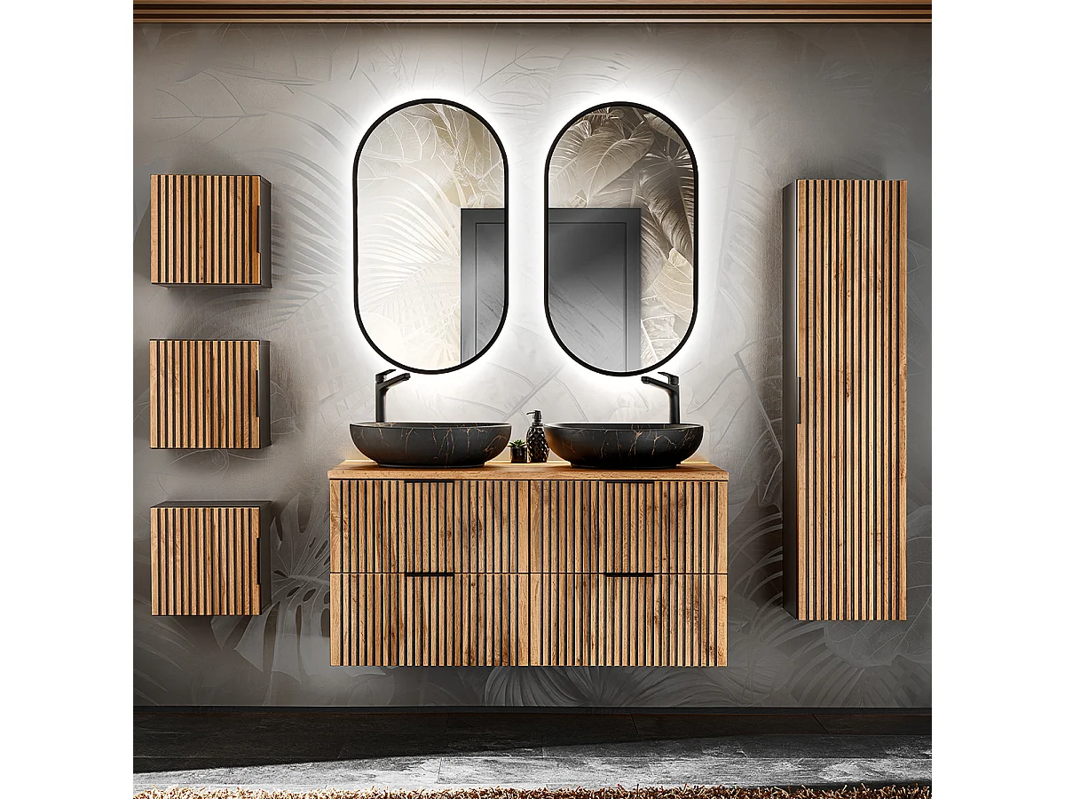 Ensemble meuble double vasque 120cm miroirs LED colonne et 3 armoires murales Gaia Bois et Noir - Vasque Noir