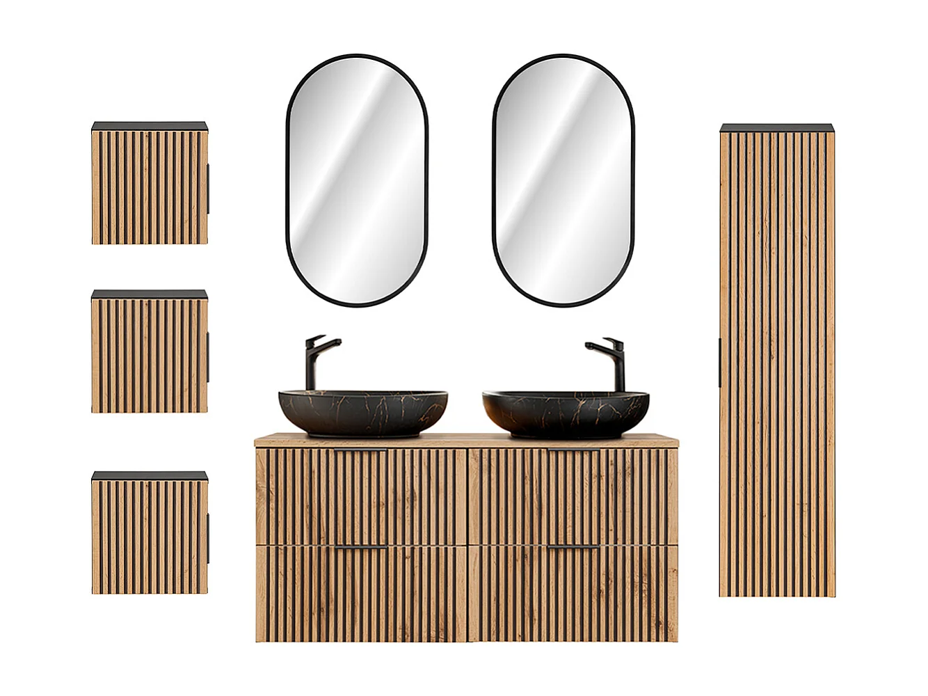 Ensemble meuble double vasque 120cm miroirs LED colonne et 3 armoires murales Gaia Bois et Noir - Vasque Noir