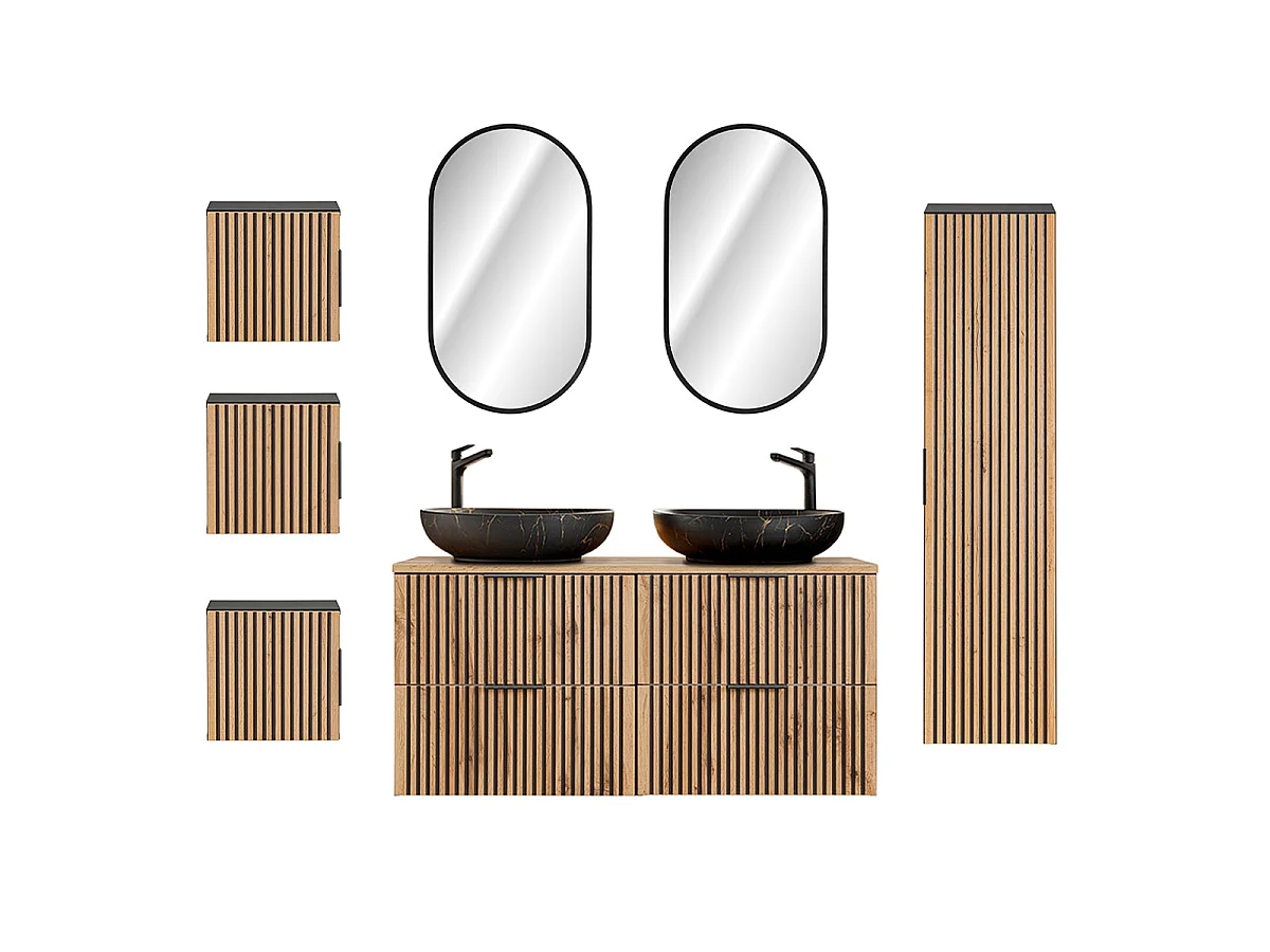 Ensemble meuble double vasque 120cm miroirs LED colonne et 3 armoires murales Gaia Bois et Noir - Vasque Noir