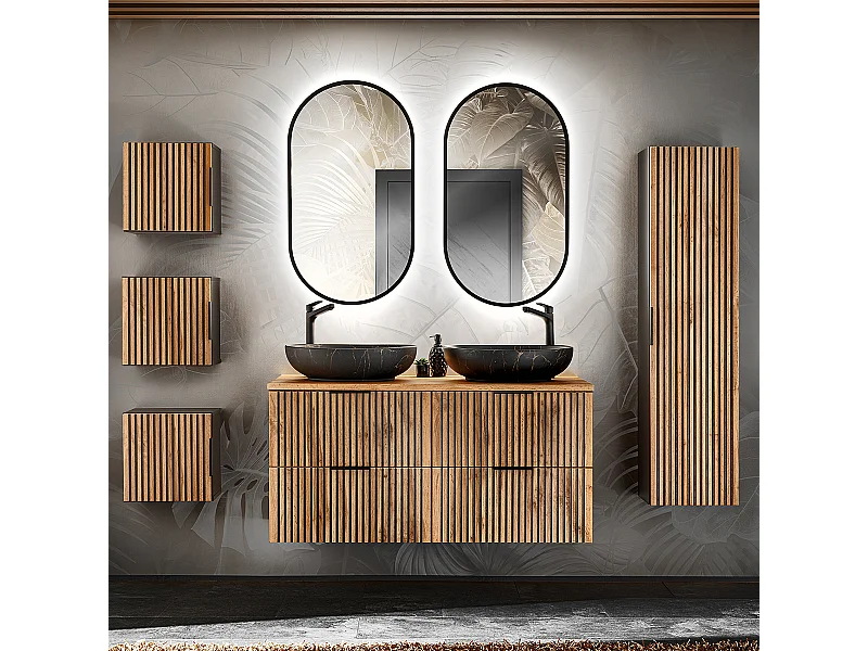 Ensemble meuble double vasque 120cm miroirs LED colonne et 3 armoires murales Gaia Bois et Noir - Vasque Noir