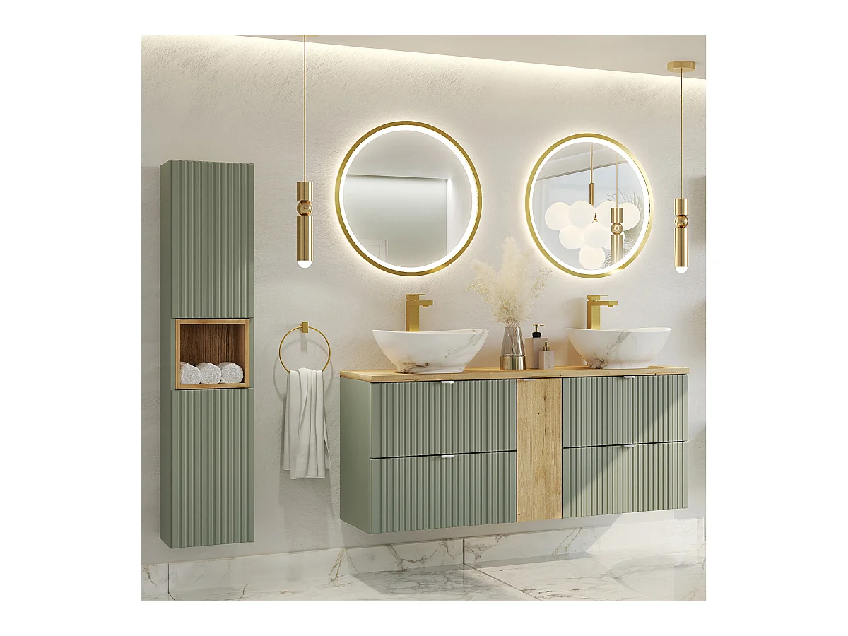 Ensemble meuble double vasque 140cm 4 tiroirs miroirs LED et colonne Jade Vert et Bois