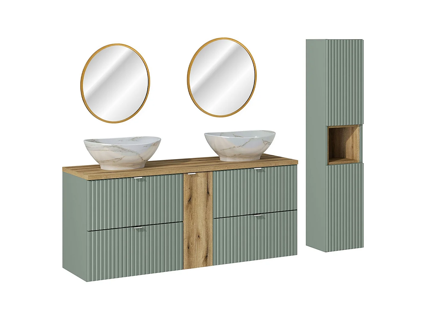 Ensemble meuble double vasque 140cm 4 tiroirs miroirs LED et colonne Jade Vert et Bois