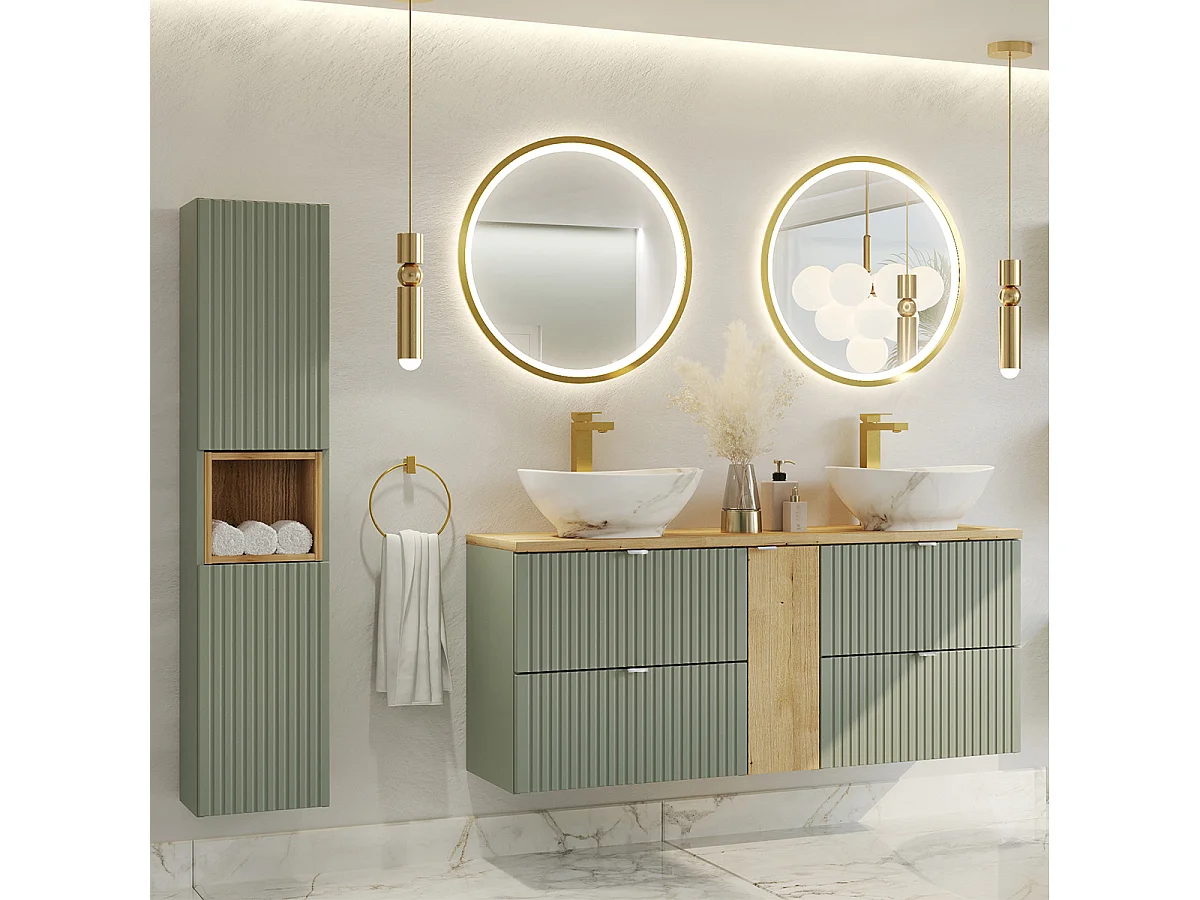Ensemble meuble double vasque 140cm 4 tiroirs miroirs LED et colonne Jade Vert et Bois