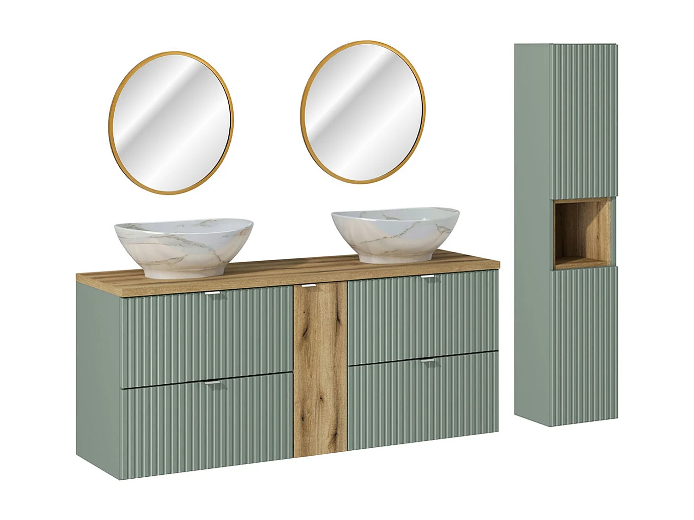 Ensemble meuble double vasque 140cm 4 tiroirs miroirs LED et colonne Jade Vert et Bois