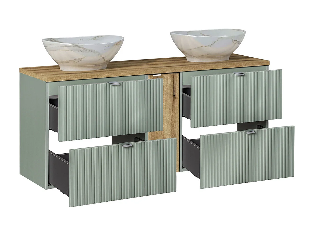 Mobiletto doppio 140 cm 4 cassetti specchi LED e colonna Verde giada e legno