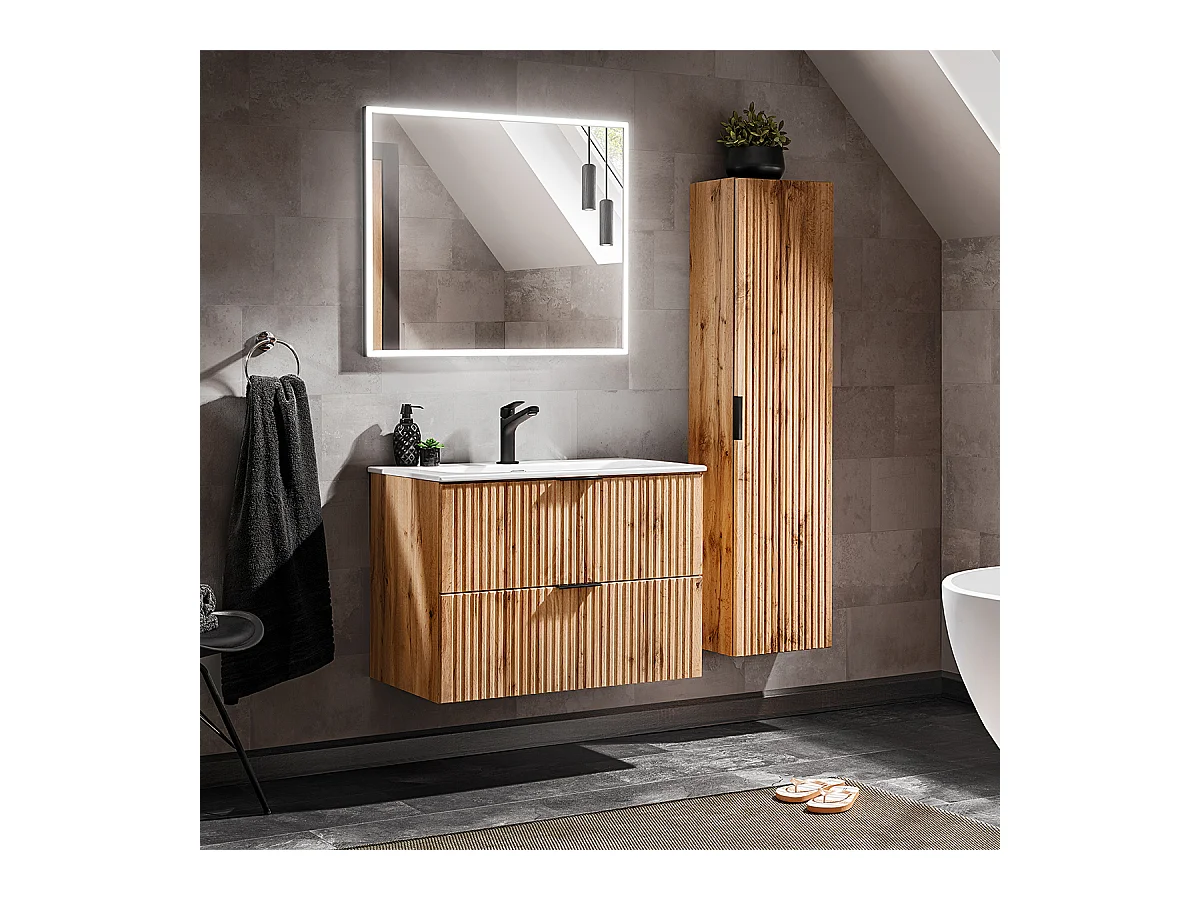Conjunto de muebles con lavabo individual encastrado 80cm espejo LED y columna Adriel Madera