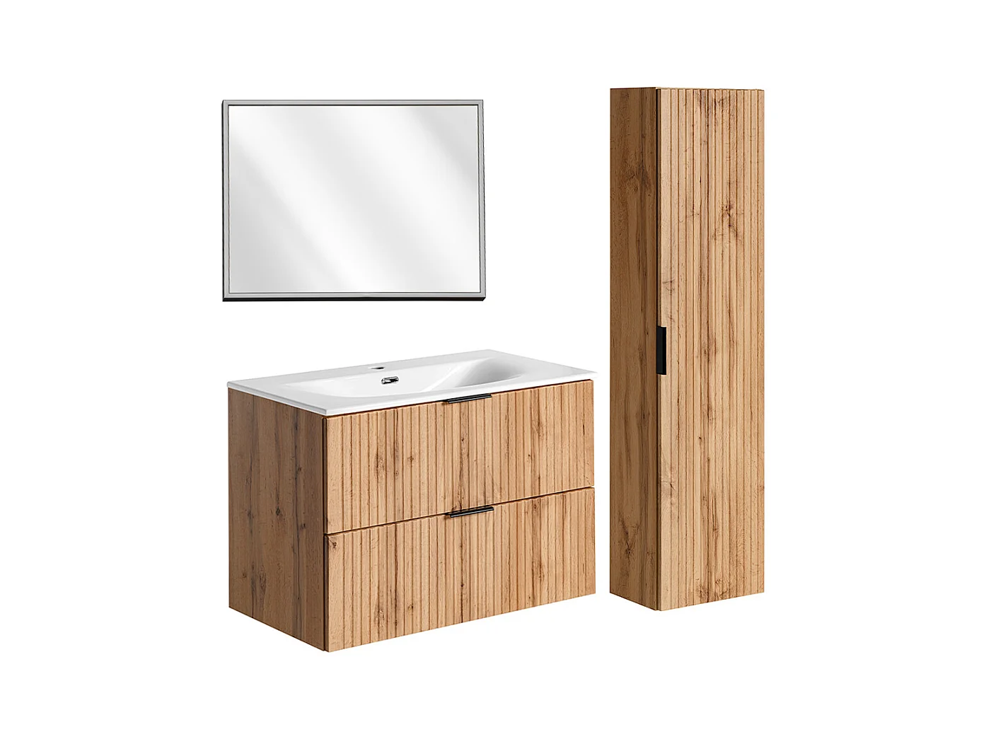 Conjunto de muebles con lavabo individual encastrado 80cm espejo LED y columna Adriel Madera