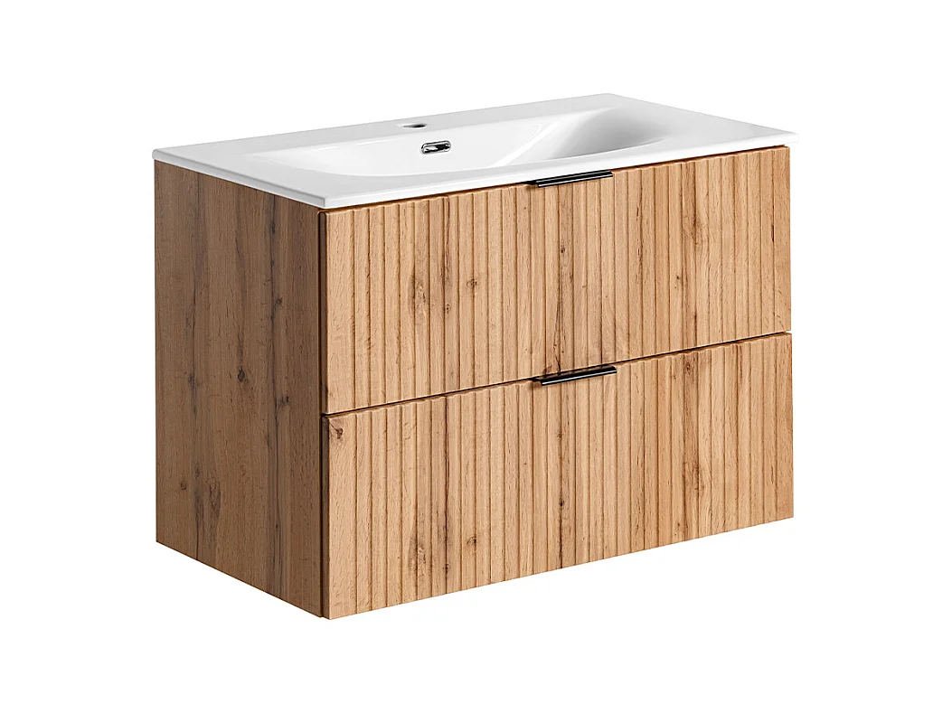 Conjunto de muebles con lavabo individual encastrado 80cm espejo LED y columna Adriel Madera