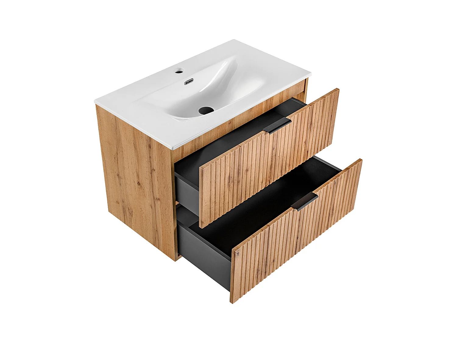 Conjunto de muebles con lavabo individual encastrado 80cm espejo LED y columna Adriel Madera