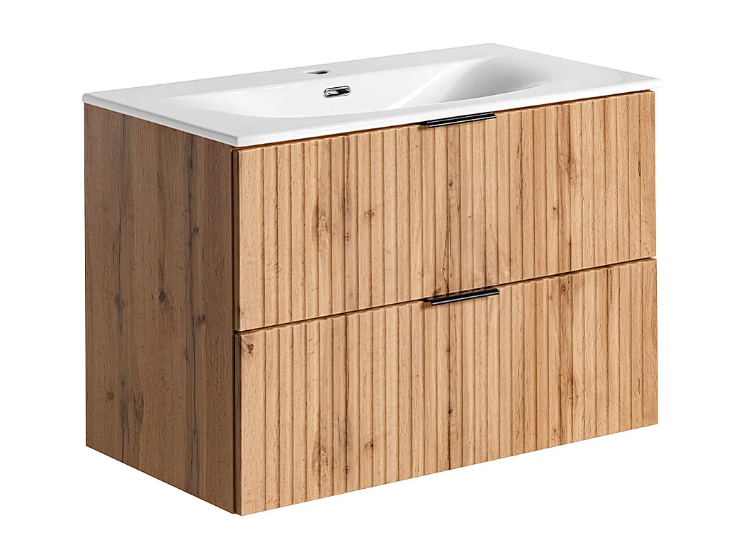 Set di lavabo singolo da 80 cm con specchio LED e colonna in legno Adriel