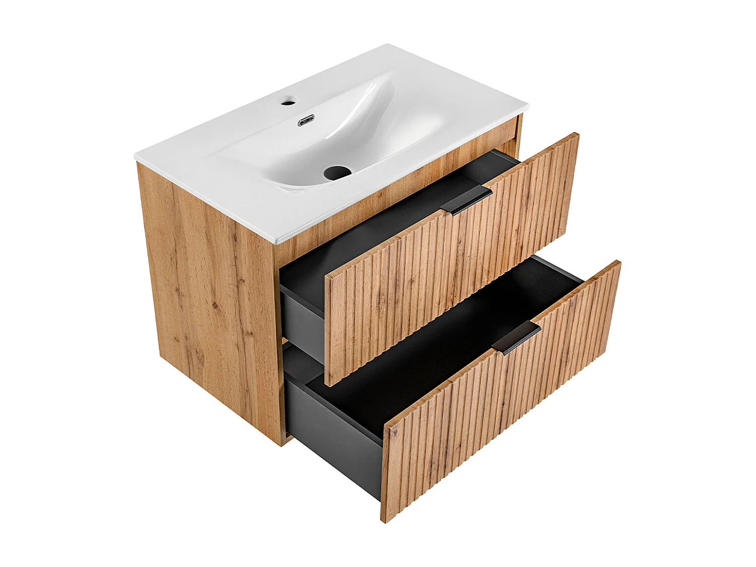 Set di lavabo singolo da 80 cm con specchio LED e colonna in legno Adriel
