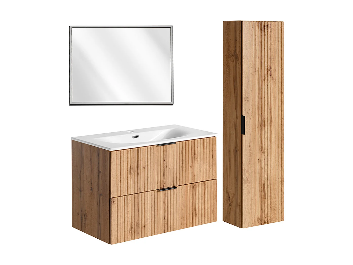 Set aus Einzelmöbel Einbauwaschbecken 80 cm LED-Spiegel und Säule Adriel Holz