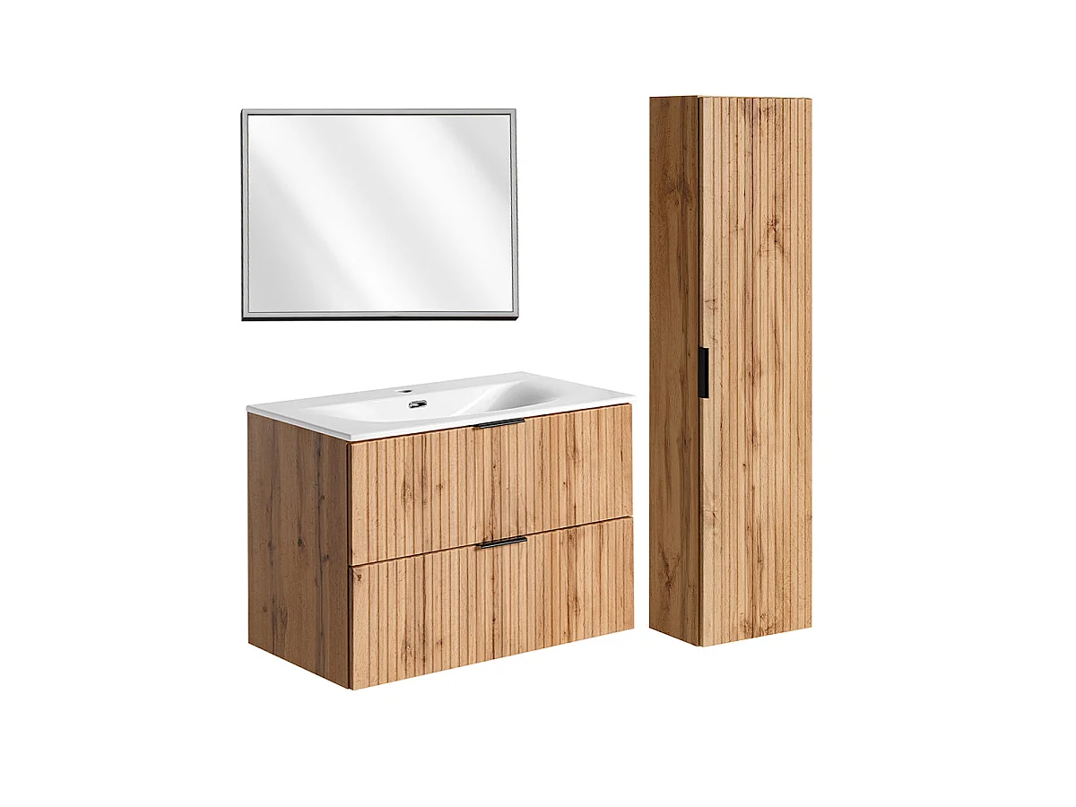 Set aus Einzelmöbel Einbauwaschbecken 80 cm LED-Spiegel und Säule Adriel Holz