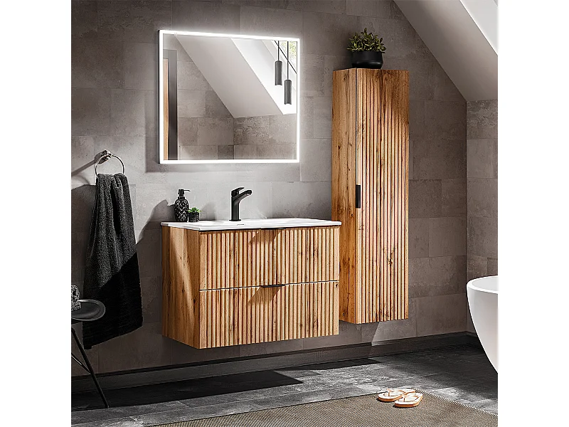 Conjunto de muebles con lavabo individual encastrado 80cm espejo LED y columna Adriel Madera