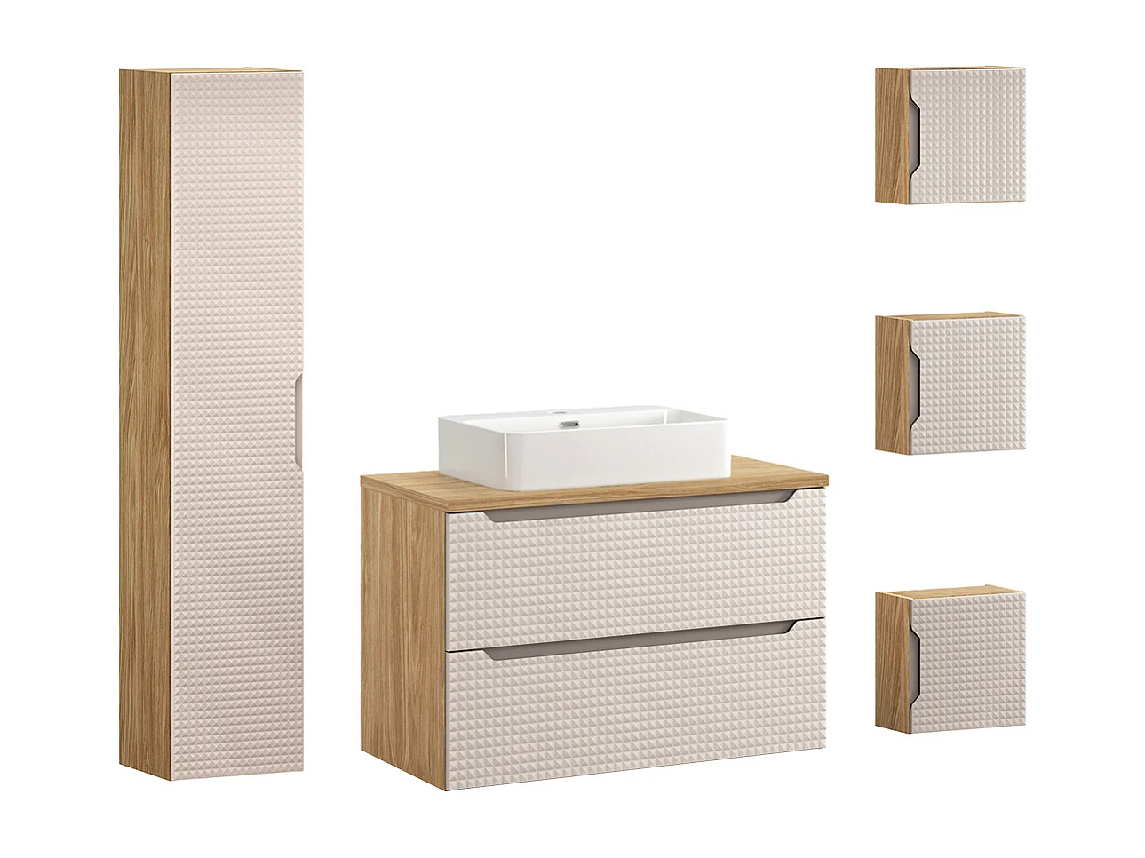 Ensemble meuble simple vasque 90cm colonne et 3 armoires murales Mallory Beige et bois