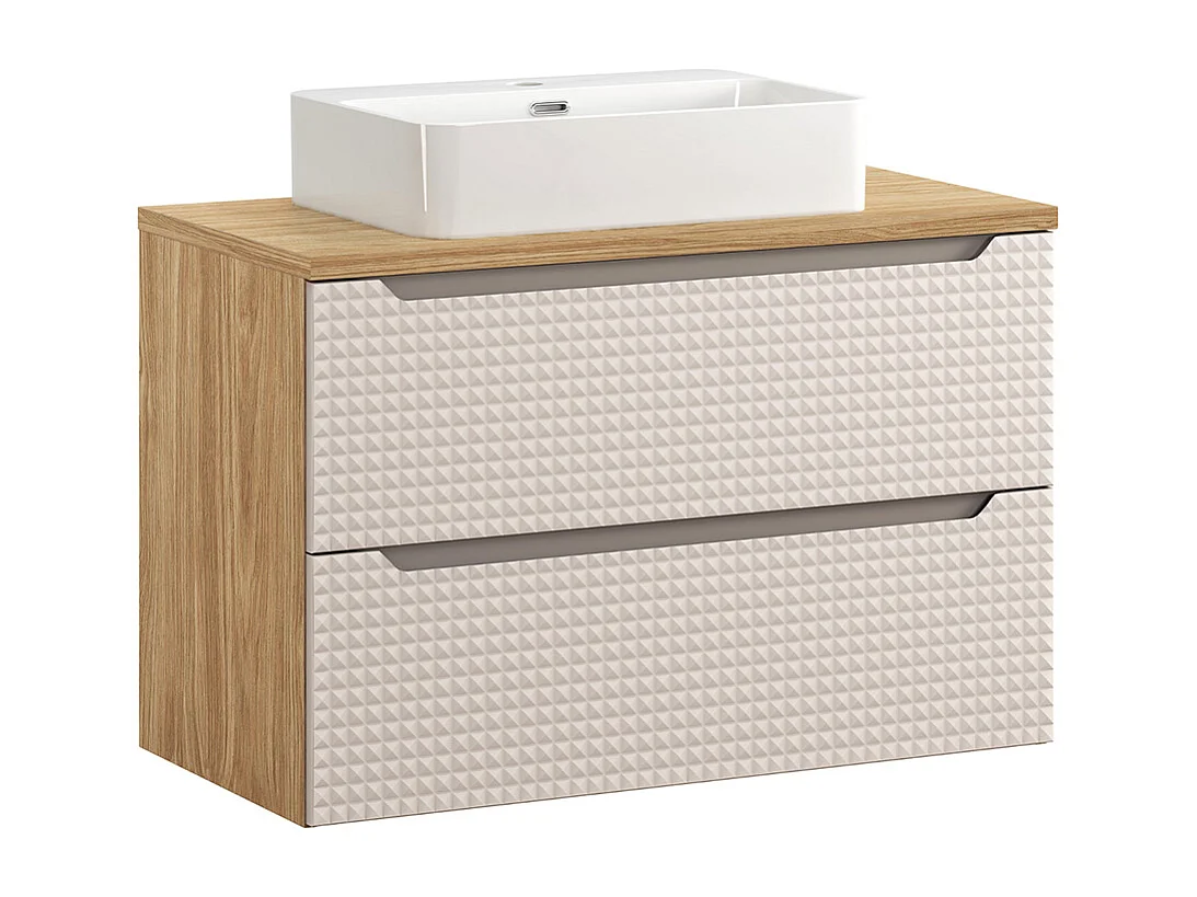 Ensemble meuble simple vasque 90cm colonne et 3 armoires murales Mallory Beige et bois