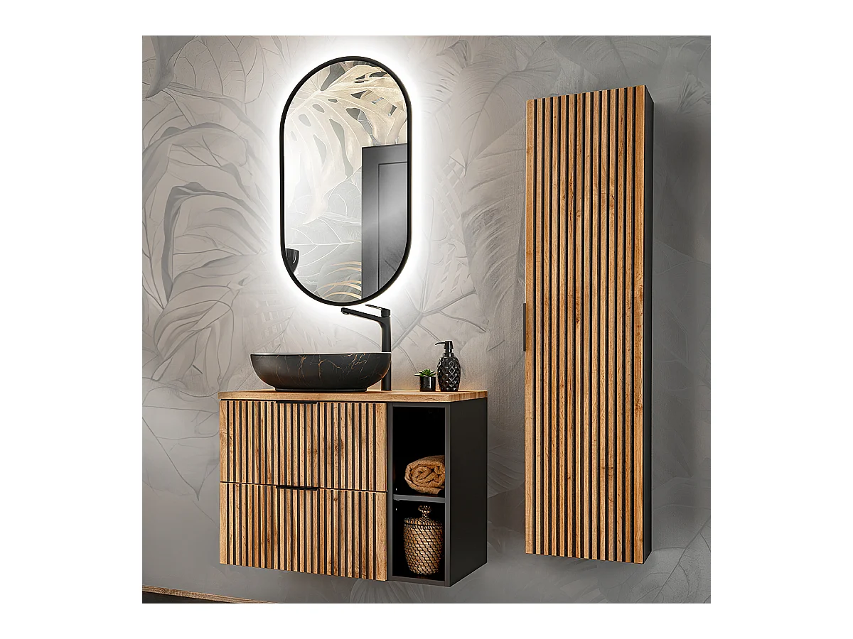 Ensemble meuble simple vasque 80cm 2 niches miroir LED et colonne Gaia Bois et Noir - Vasque Noir