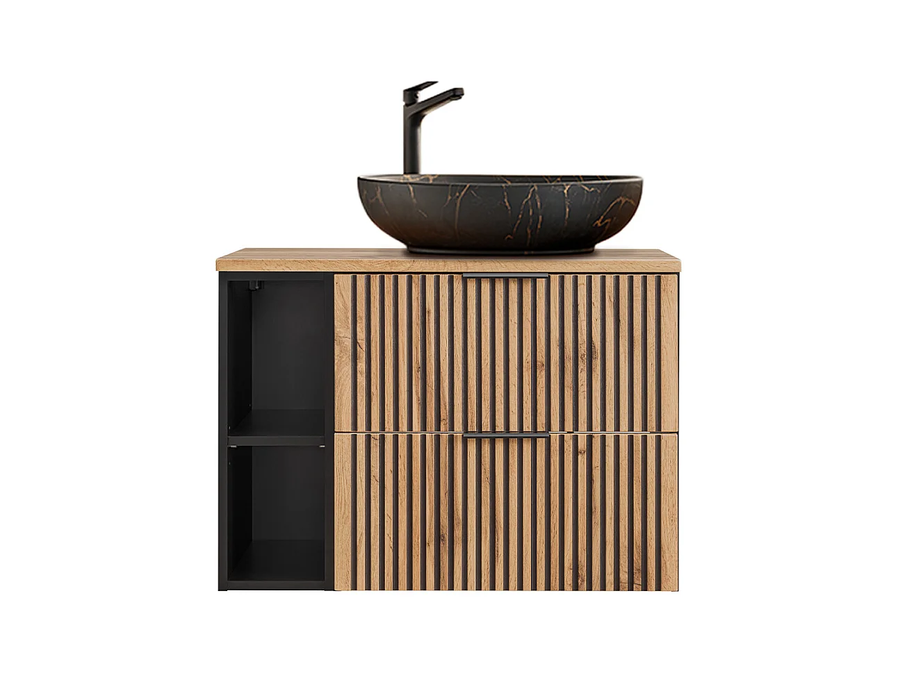 Ensemble meuble simple vasque 80cm 2 niches miroir LED et colonne Gaia Bois et Noir - Vasque Noir