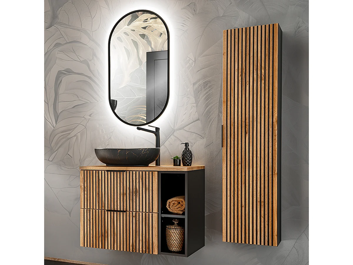 Ensemble meuble simple vasque 80cm 2 niches miroir LED et colonne Gaia Bois et Noir - Vasque Noir