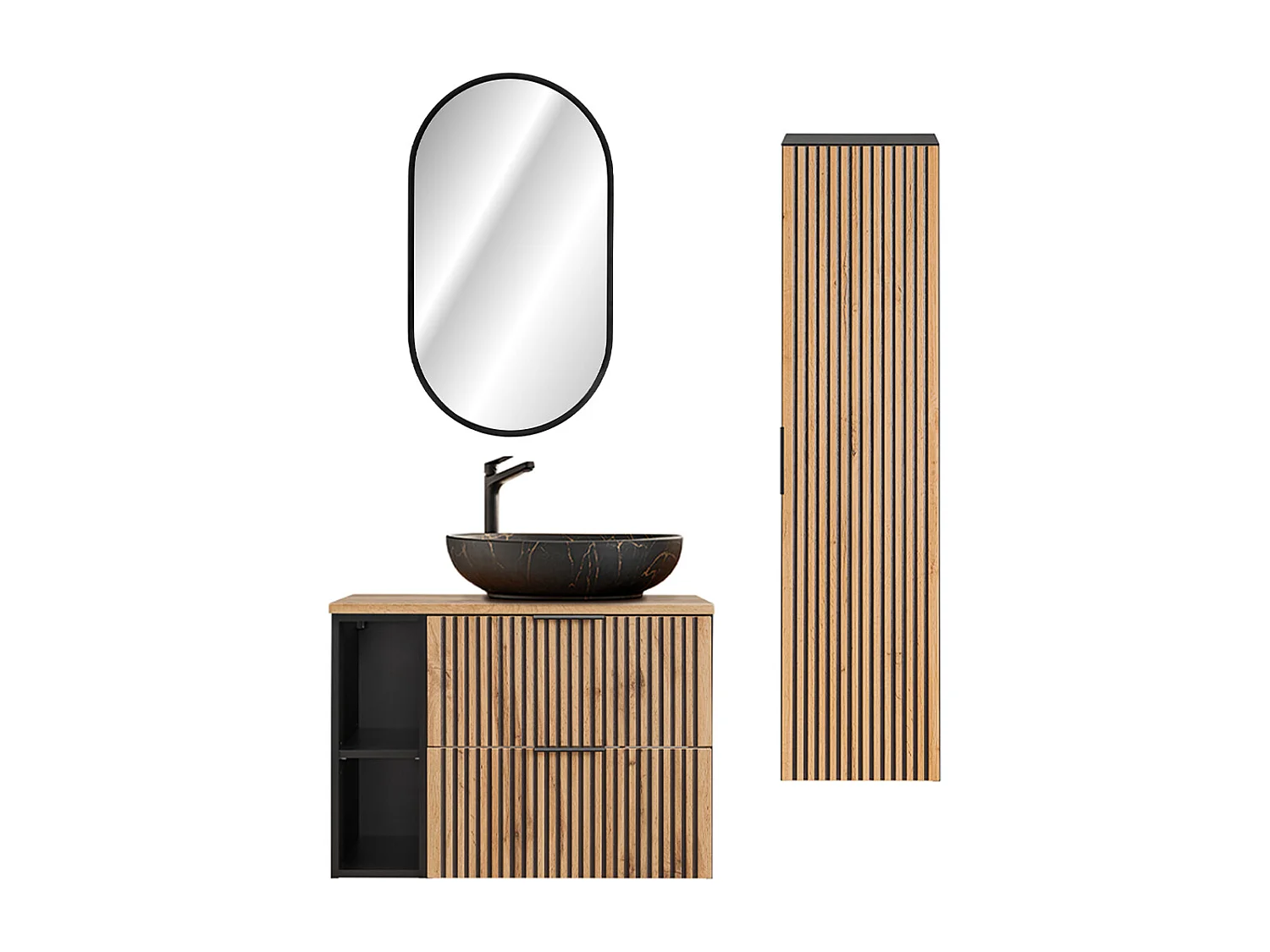 Ensemble meuble simple vasque 80cm 2 niches miroir LED et colonne Gaia Bois et Noir - Vasque Noir