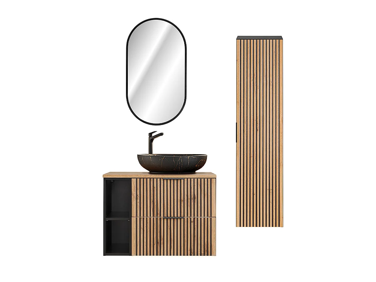 Enkele wastafel 80cm 2 nissen LED spiegel kolom Gaia Hout en Zwart Zwarte wastafel