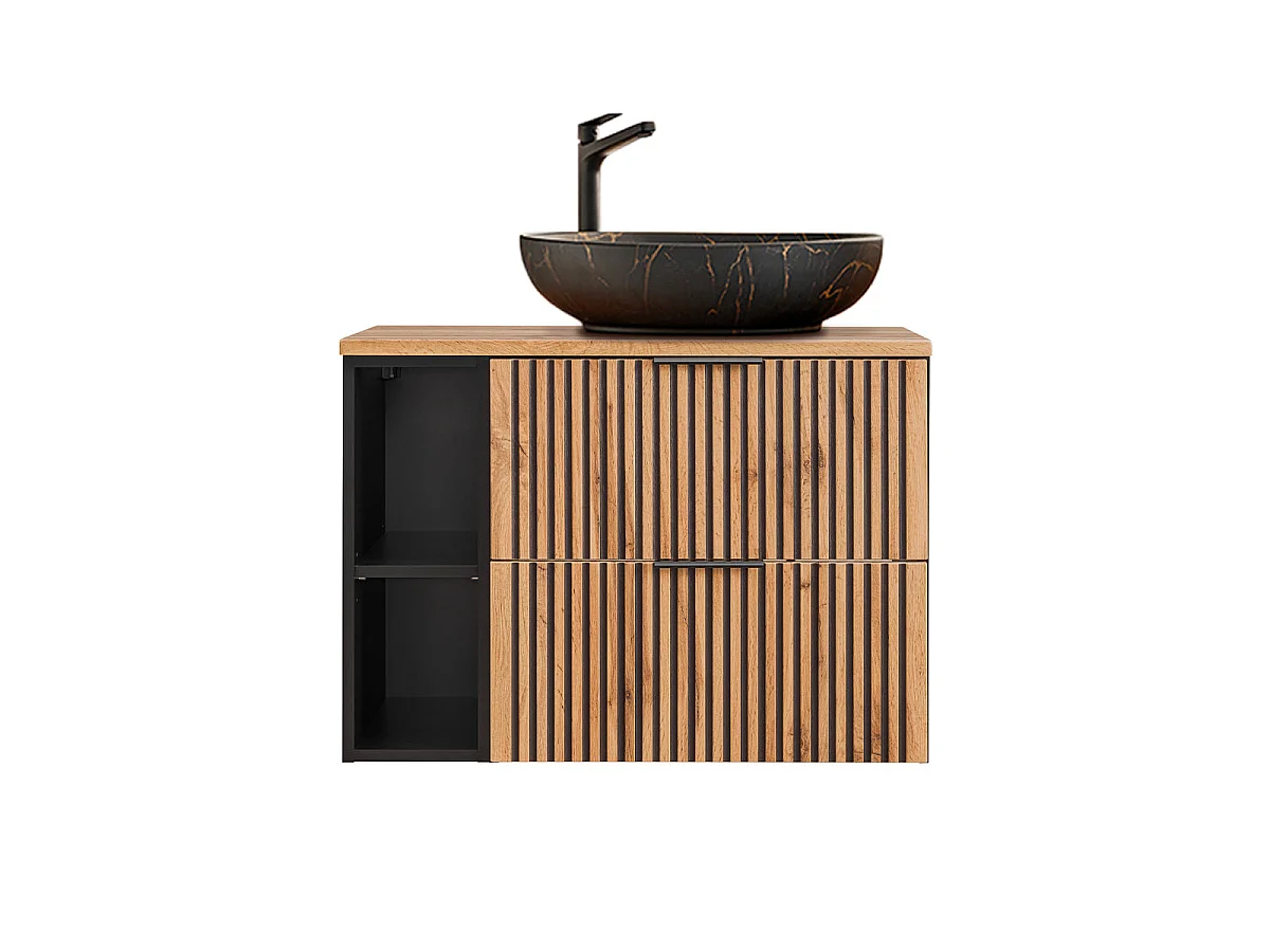 Enkele wastafel 80cm 2 nissen LED spiegel kolom Gaia Hout en Zwart Zwarte wastafel