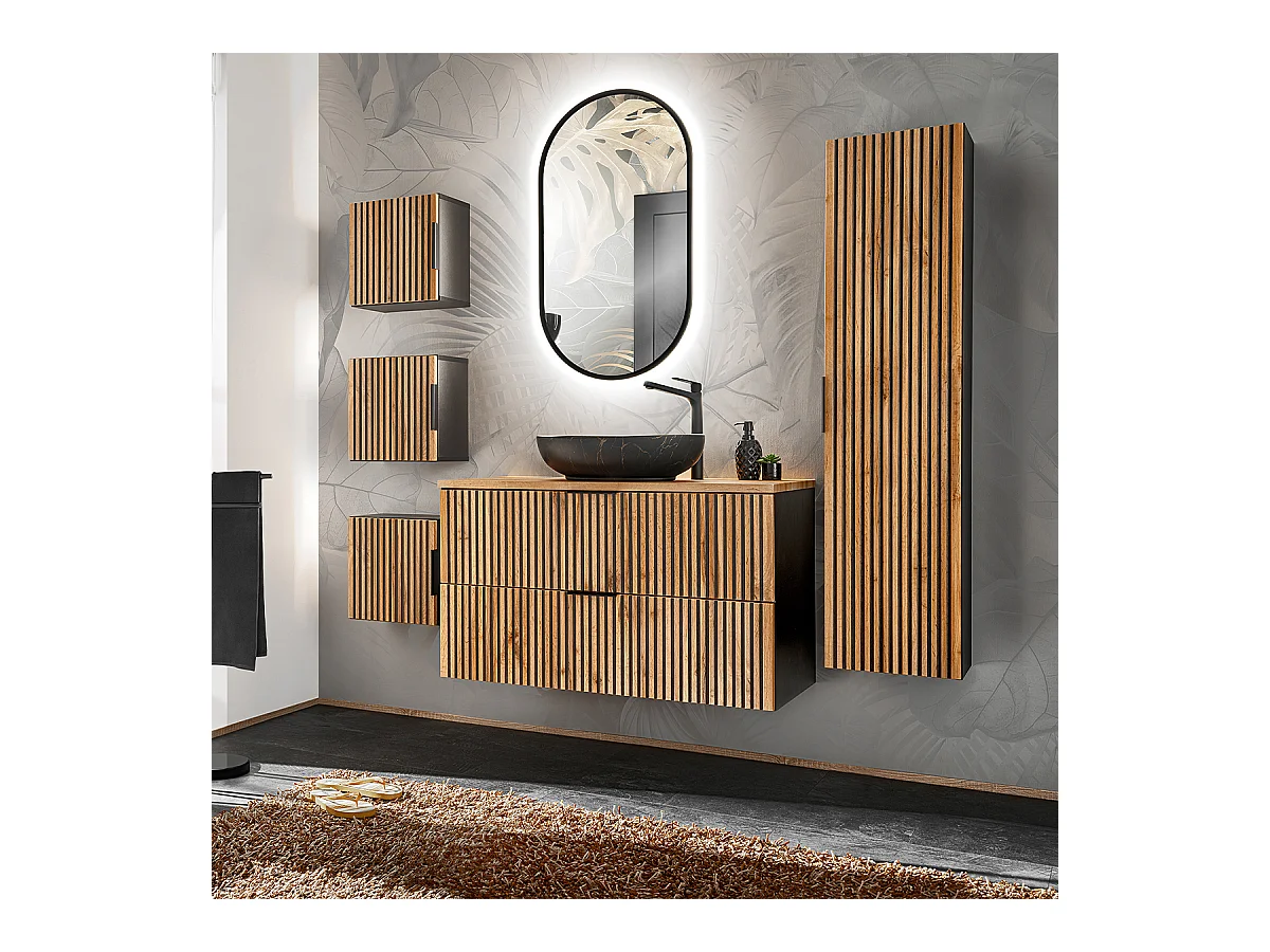Ensemble meuble simple vasque 100cm miroir LED colonne et 3 armoires murales Gaia Bois et Noir - Vasque Noir