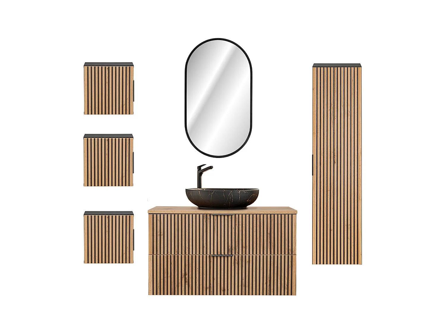 Ensemble meuble simple vasque 100cm miroir LED colonne et 3 armoires murales Gaia Bois et Noir - Vasque Noir