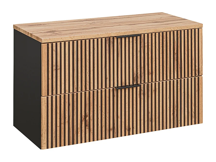 Ensemble meuble simple vasque 100cm miroir LED colonne et 3 armoires murales Gaia Bois et Noir - Vasque Noir