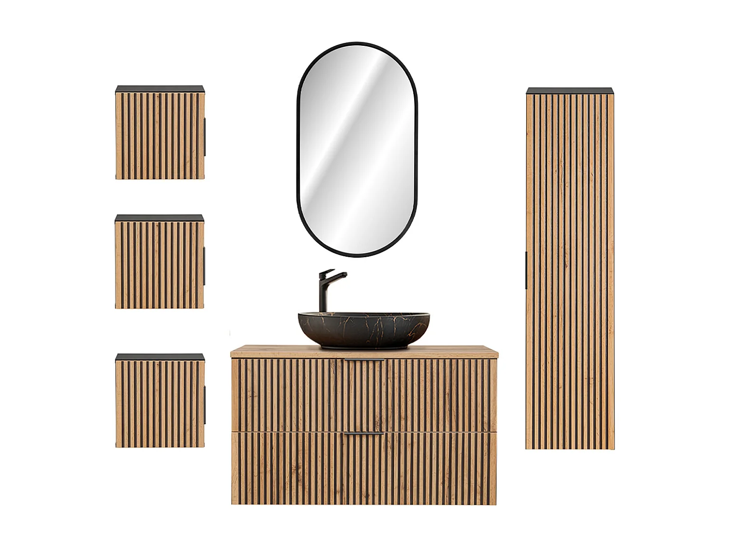 Ensemble meuble simple vasque 100cm miroir LED colonne et 3 armoires murales Gaia Bois et Noir - Vasque Noir